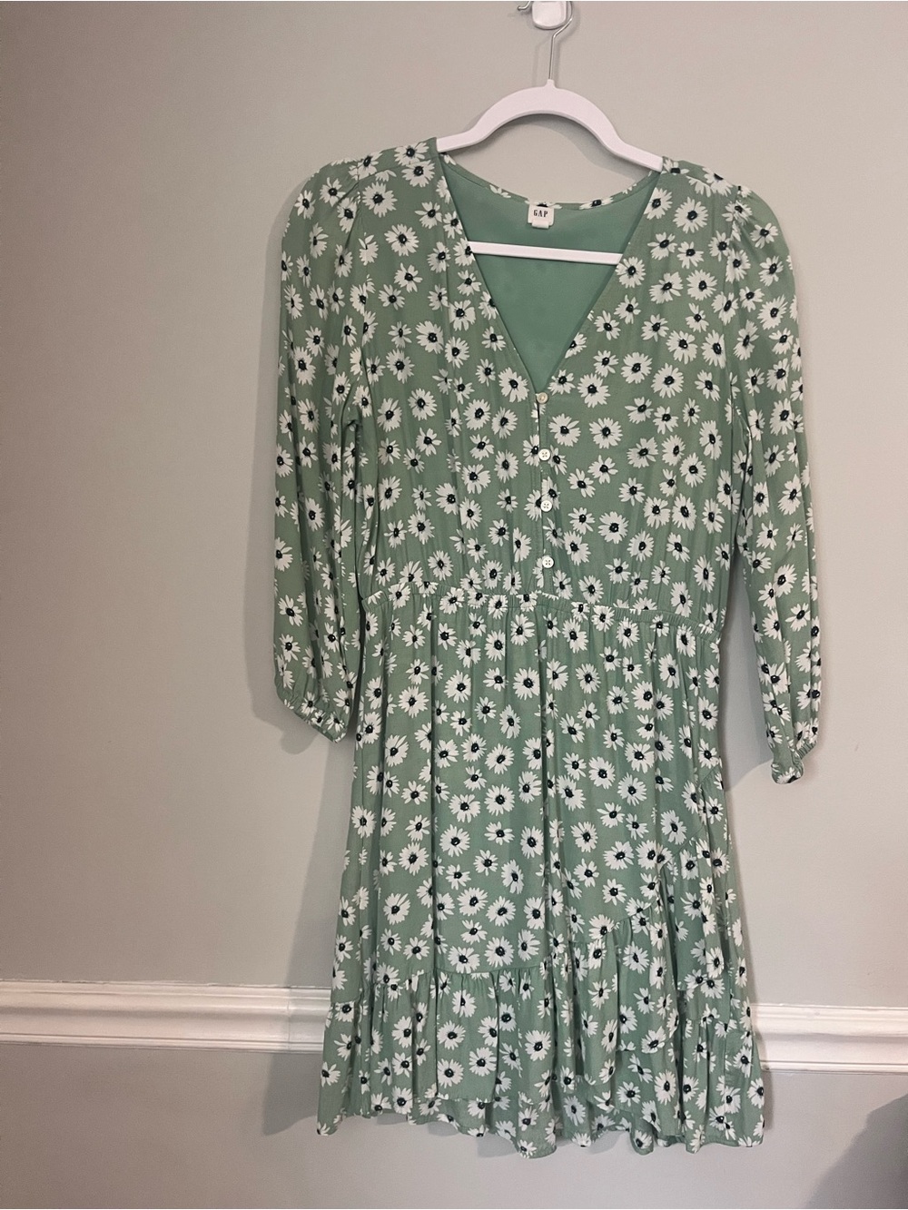 GAP Mint Green Daisy-Print Long Sleeve Tiered Dress